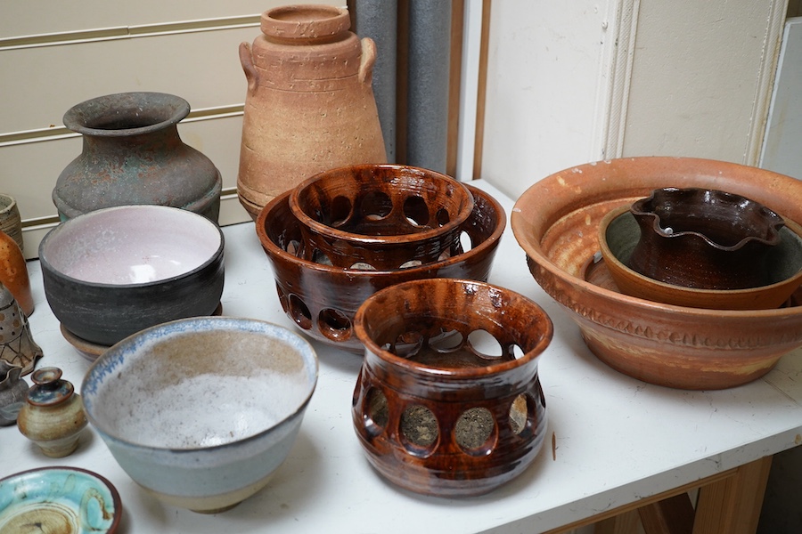 Four Philippa Fawcett College studio pots and a collection of other unsigned studio pottery, largest 34cm in diameter. Condition - mostly good